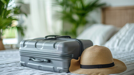 Gray suitcase with handbag and summer hat packing ready to travel vacation on bed at home or hotel