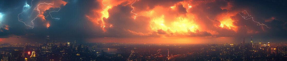 landscape panorama with thunderstorms and thunderbolts lightning flashes in night sky over city with skyscrapers - obrazy, fototapety, plakaty