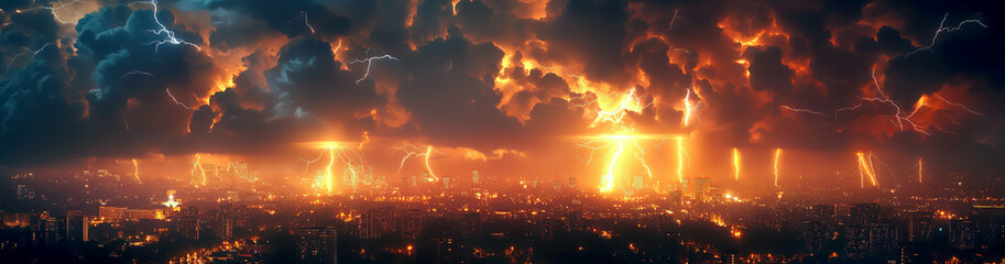 thunderstorms and thunderbolts lightning flashes in night sky over megalopolis city with skyscrapers