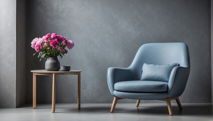 A blue armchair sits next to a table with a vase of blue flowers on it.

