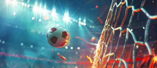 A football with flying ball in the net. Banner of soccer game. Sport concept. - 781877660