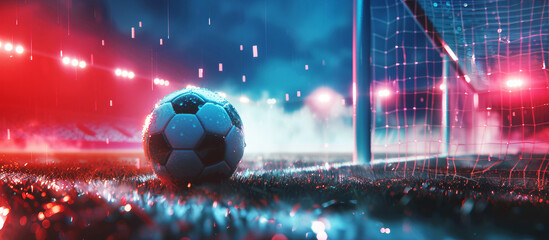 A football on a stadium in rainy day with f ball and net. Banner of soccer game. Sport concept. - 781877666