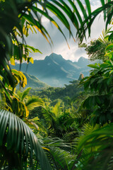 Vibrant jungle surrounded by towering trees and lush foliage on a rainy day. Concept of the depth of the greenery, and the refreshing essence of a rainy day in wilderness  © RetoricMedia