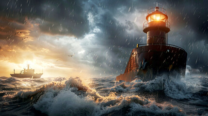 Illustration of sea sunrise landscape. Lighthouse in stormy weather and a ship.