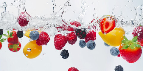 Tropical juicy fruits in water on white background banner. Healthy food concept