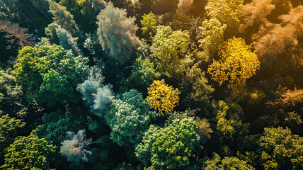 Fototapeta na wymiar Top view of mixed forest, green deciduous trees on a sunny day. Beautiful natural background. Generated by artificial intelligence