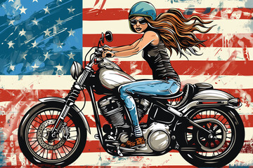Woman on a motorcycle against the background of the American flag