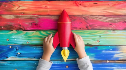 Launch of a red rocket on colorful wooden background, made of wood, held by children's hands. Successful start concept.,Hand Holding Rocket Spaceship on mix colour background
