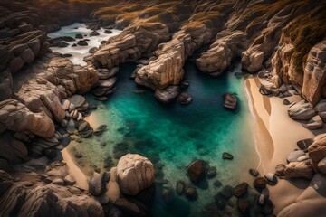 A secluded cove featuring soft sands surrounded by rugged rocks, the waves gently caressing the shore, all captured in breathtaking
