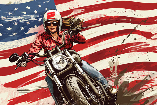 Woman on a motorcycle against the background of the American flag