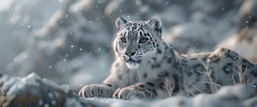 Elegant snow leopard, mountain peaks in soft focus,