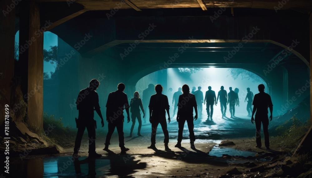 Poster a group of silhouetted figures stand in an underpass, with a mysterious light casting long shadows, 