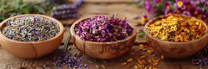 Aromatic Blend Lavender and Other Herbs in a Wooden Bowl Generative AI - obrazy, fototapety, plakaty