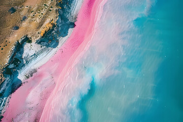 An abstract aerial view where vibrant pink and blue watercolor hues merge in a fluid, marbled pattern, resembling a natural aquatic ecosystem..