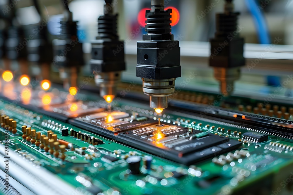 Poster futuristic automation: orange robots assembling circuit boards in a modern factory