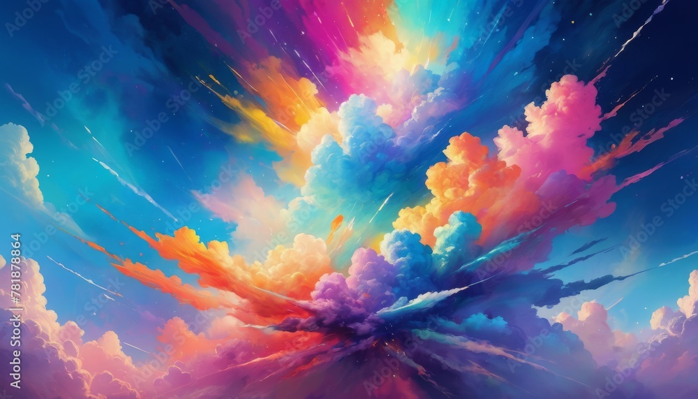 Poster an inspiring cloudscape with a burst of colorful clouds soaring skyward, offering a breathtaking vie