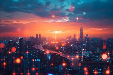 Fototapeta premium Urban Data Stream: Futuristic Cityscape with Digital Overlays and Glowing Lights