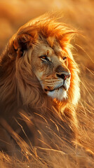 Close-Up Portrayal of a Majestic Lion Bathed in Sunlight in Its Natural Habitat