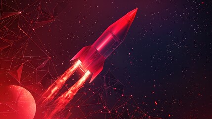 Metallic red antique style rocket space ship launch on space with geometric pattern graphic effect background . Startup creative concept,Galaxy space ship rocket, creative idea - obrazy, fototapety, plakaty