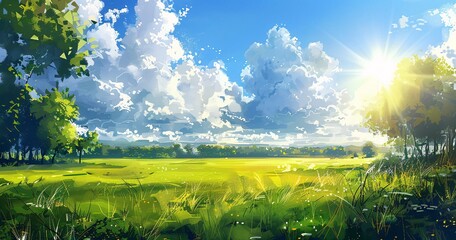 Serene Pastoral A Digital Artwork of a Peaceful Field Under a Cloudy Sky Generative AI