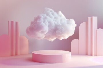 A dreamlike composition featuring a 3D rendered white cloud amidst abstract pink shapes and a soft tonal backdrop