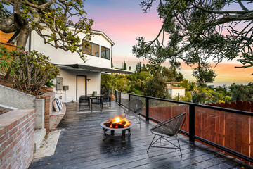Modern Hollywood Hills home balcony in Los Angeles, California, with a remodel of an older house
