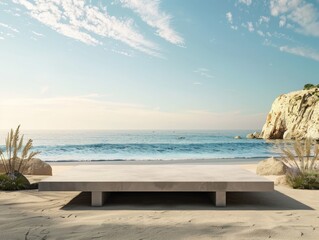 Fototapeta premium A modern minimalist concrete platform stands on a sandy beach with a tranquil view of the sea and rocky cliffs under a blue sky.