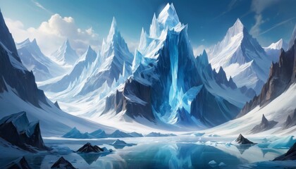 Majestic crystal-like mountains tower over a serene, frozen landscape reflecting in the icy blue waters below, conveying a sense of untouched arctic beauty.. AI Generation - obrazy, fototapety, plakaty