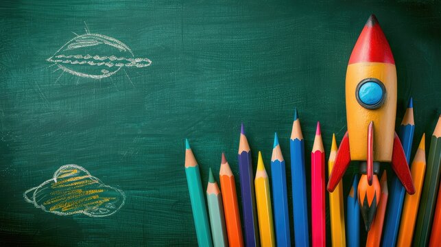 pencils and colorful rocket with green chalkboard on background,close up image of classic colored pensils,Warm and cold colours presented with colorful pencils, closeup view
