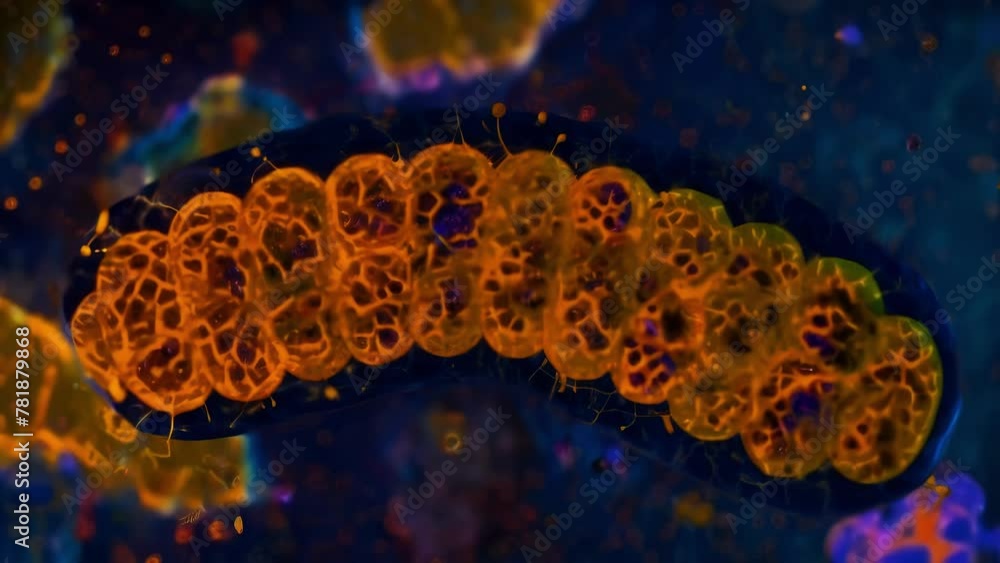 Poster a fluorescent microscopy image showing mitochondria actively moving and fusing together to form larg