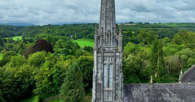 flying around the ancient tower of the St. Carthage's Cathedral Lismore 4k