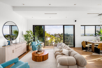 Modern Hollywood Hills home living room in Los Angeles, California, with a remodel of an older house