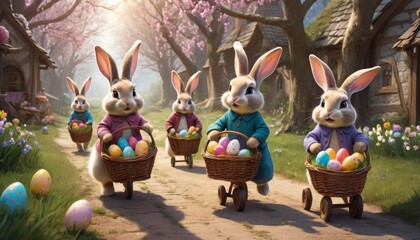 Animated bunnies in colorful clothing pushing carts full of Easter eggs along a charming village path, under blooming trees. AI Generation - obrazy, fototapety, plakaty
