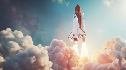 Rocket carrying space shuttle launches off,Rocket travelling, Rocket bursts up from clouds,rocket starts, starship takeoff process,Spaceship lift off. Space shuttle with smoke and blast takes off 
