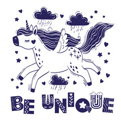 Cute little magical unicorn flying among fluffy clouds. Vector hand drawing illustration isolated on white background