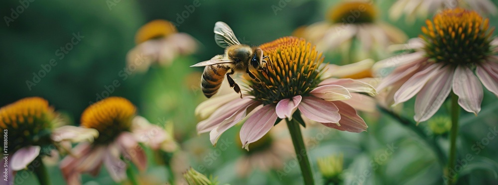 Poster harmony in nature a bee's perspective on a flowering field generative ai