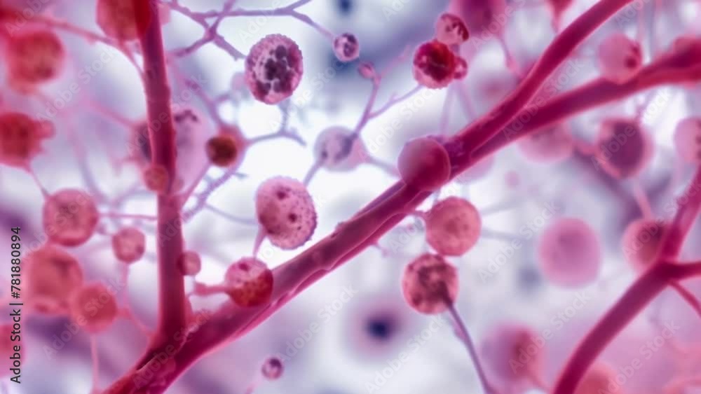 Poster magnified image of a colony of red algae featuring a branching structure with numerous small round c