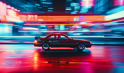 a car zips through neon-lit streets, immortalized in a long exposure shot, embodying the thrill of the drive