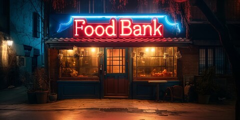 Food Bank Neon Sign - Shop filled with donated food items - obrazy, fototapety, plakaty