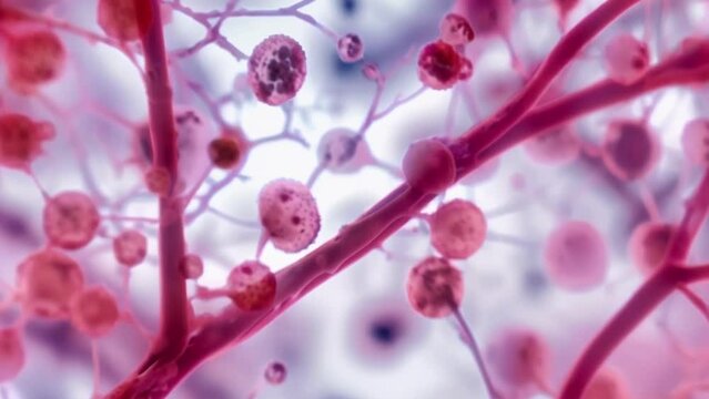 Magnified image of a colony of red algae featuring a branching structure with numerous small round cells attached to it. . AI generation.