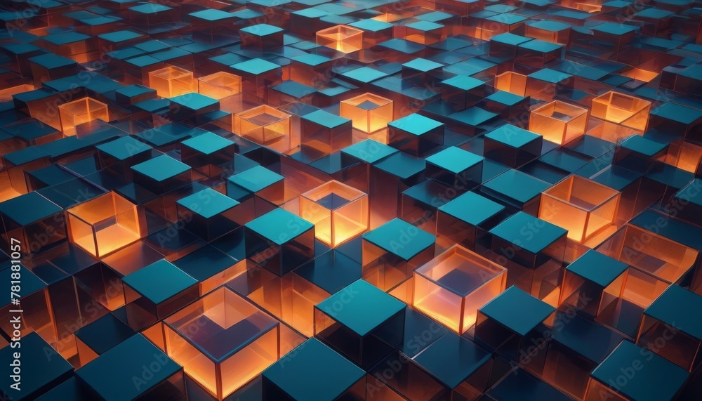 Poster 3d rendered cubes glow with an inner light, casting a pattern of shadows and highlights on a futuris