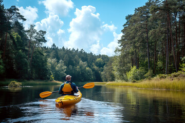 back of kayaker man is sailing on river on kayak in summer on forest background