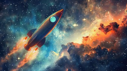 Rocket flying in starry space sky,Space scene with planets, stars and galaxies. Banner for web, panorama, horizontal view,Shuttle launch in the clouds to outer space. Dark space with stars  - obrazy, fototapety, plakaty