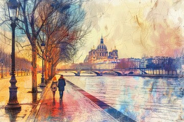 Obraz premium A Couple Strolls along the French Embankment, Bright Colors, Modern Art, Abstract Generative AI Illustration