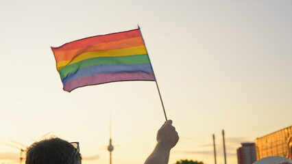 Rainbow flag waving. Lgbt community symbol. Stop no homophobia concept. Pride month fest. Bi gay...