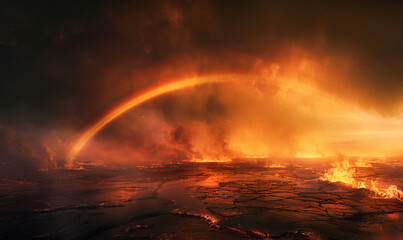 the juxtaposition of a burning landscape and the tranquil hues of a distant rainbow