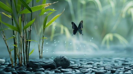 peaceful Zen garden with a serene butterfly floating above a cluster of bamboo shoots and...
