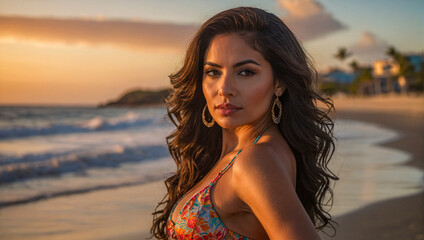 stunning hispanic woman wearing a bikini on the beach with beautiful sunset in the background