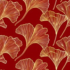 Ginkgo leaf pattern, simple lines, red background, gold outline, seamless repeating pattern