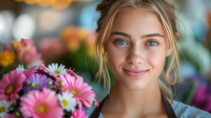 Naklejka premium Young Woman with Blue Eyes Holding Flowers